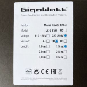 cable secteur GIGAWATT LC3 EVO en prise IEC 20 Ampères 1,50m